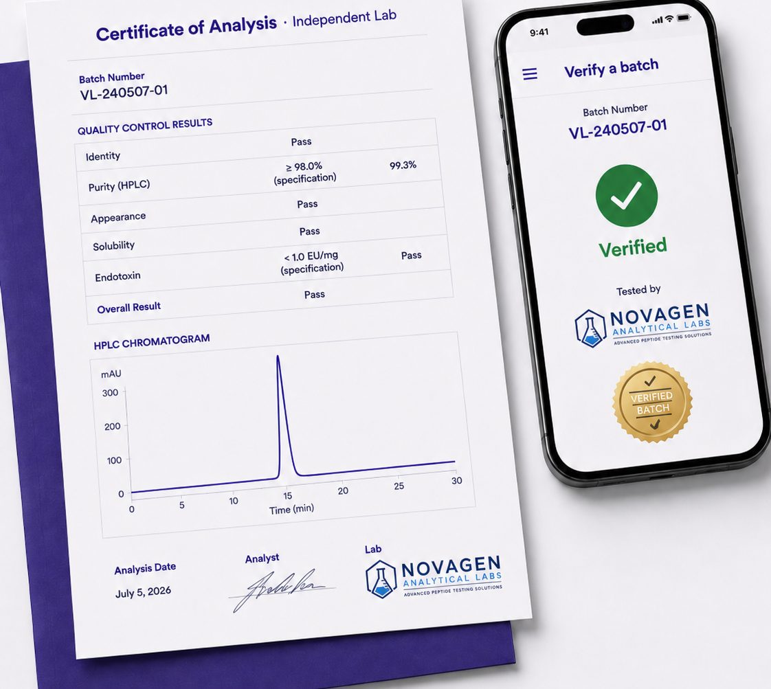 Novagen Analytical Labs certificate of analysis with the verify-a-batch result screen